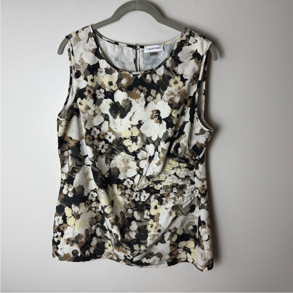 Calvin Klein Sleeveless Blouse Size XL Top Floral Brown Black Tan White Yellow - Picture 2 of 6